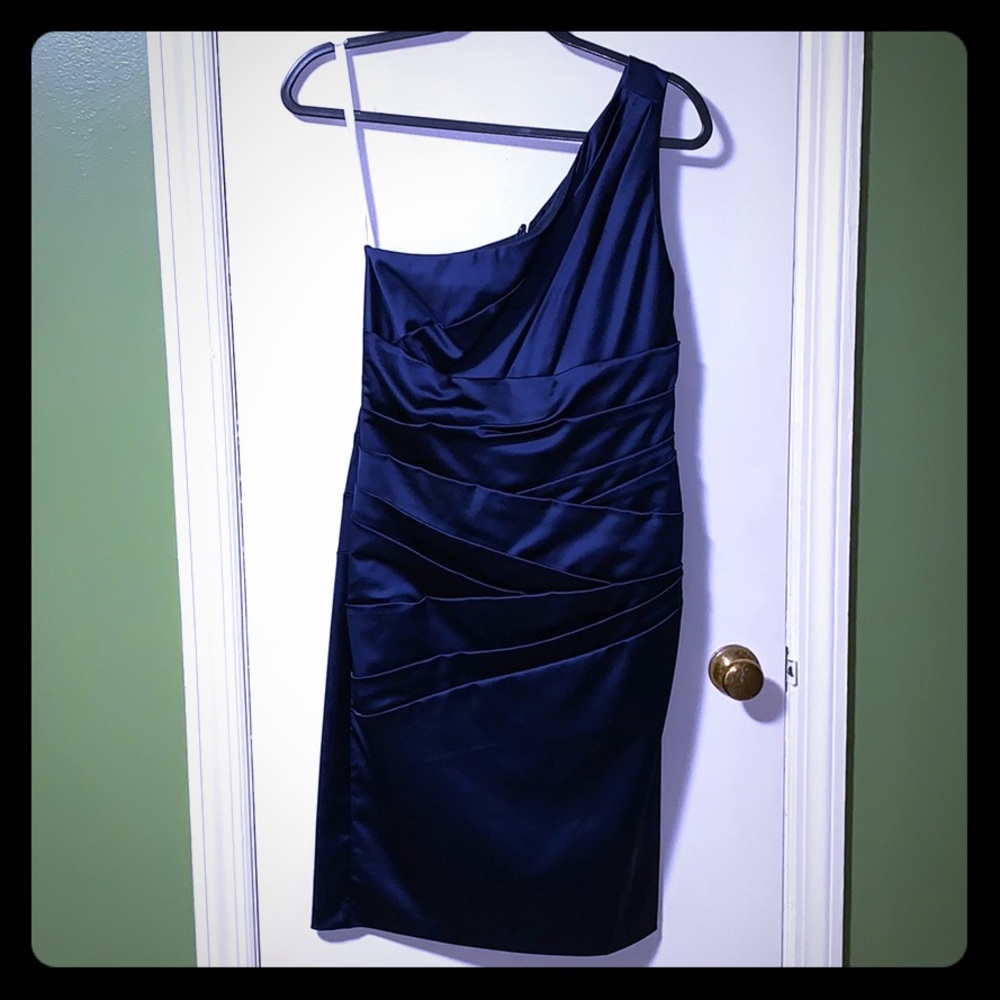 Navy satin David’s Bridal one should dress